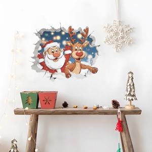 3D Christmas wall sticker with Santa and reindeer breaking through wall for home decor