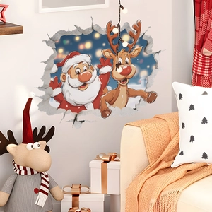 3D Christmas wall sticker featuring Santa and Reindeer through a broken wall effect
