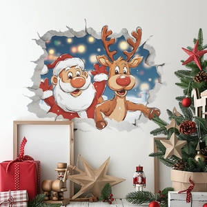 3D Christmas Santa Claus Reindeer Cracked Wall Sticker Removable PVC Decorative Decal For Bedroom Living Room Home Decor