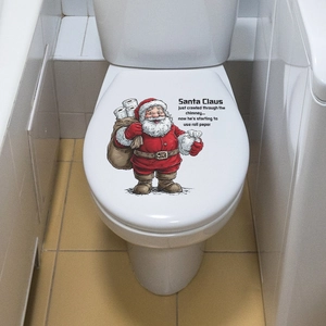 Funny Santa Claus toilet lid sticker decoration with sack of roll paper in bathroom