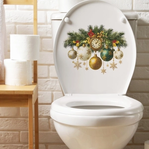 Christmas toilet lid sticker featuring vintage clock, pine branches and festive ornaments