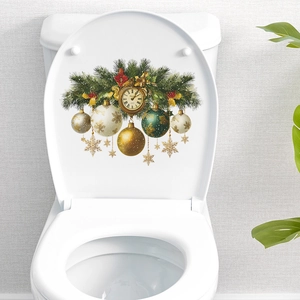 Christmas toilet seat sticker featuring vintage clock, golden bells, and festive pine needles