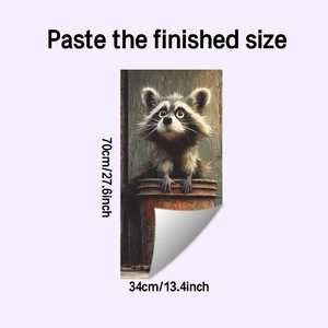 Detail view of raccoon wall sticker showing finished size 70x34cm on purple background
