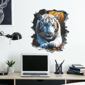 Creative 3D wall sticker featuring a realistic white tiger breaking through a stone wall
