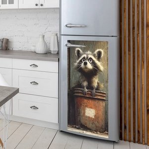 Cartoon raccoon wall sticker in oil painting style on a silver refrigerator