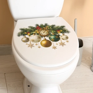 Christmas toilet lid sticker featuring vintage clock bells and green pine branches