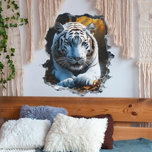 3D white tiger wall sticker with broken wall effect for bedroom home decor art