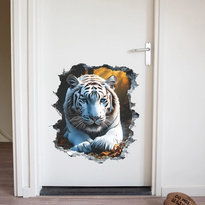 3D white tiger wall sticker with broken wall effect for home door decoration