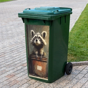 Outdoor green rolling trash bin with cute raccoon sticker and durable plastic lid