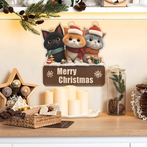Three cute Christmas cats with Santa hats and a Merry Christmas sign for home decor
