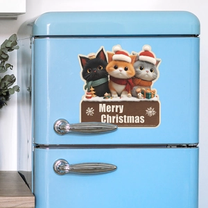 Three Christmas cats wall sticker with Merry Christmas wooden sign on blue fridge