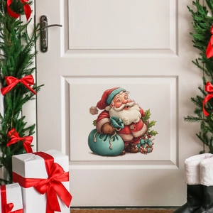 Christmas Santa Claus carrying gift bag wall sticker on a white door with holiday decor
