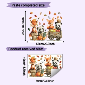 Detailed sheet showing panda fox autumn wall stickers and final application size dimensions