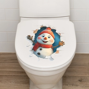 3D Christmas snowman sticker for toilet lid decor with creative broken wall hole effect