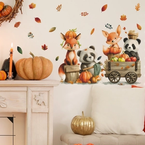 Panda and fox wall stickers with pumpkins and autumn leaves in watercolor style for home decor