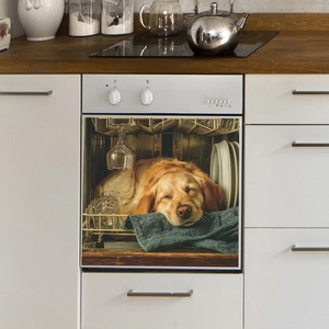 Magnetic dishwasher sticker with sleeping Golden Retriever among glasses and white plates