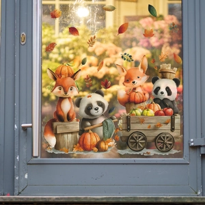 Autumn wall stickers featuring cartoon foxes, pandas, pumpkins and fallen leaves for home decor