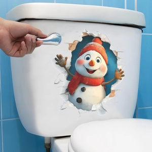 Funny 3D Christmas snowman wall sticker with red hat and scarf peeking through broken wall