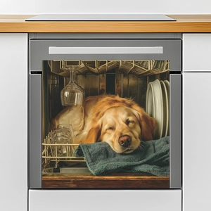 Creative magnetic dishwasher sticker featuring a sleeping golden retriever dog among dishes