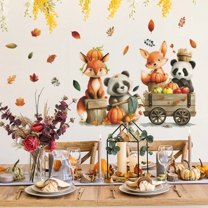 Autumn fox and panda wall stickers with pumpkin cart and maple leaves for room decor