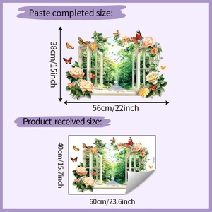 Detail of 3D window wall sticker with blooming flowers and butterflies for home decor