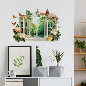 3D window wall decal with forest path scenery, pink roses and butterflies for home decor