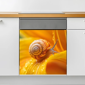 Vibrant macro snail on yellow flower petals self-adhesive dishwasher and fridge sticker