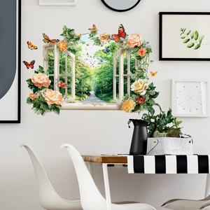 3D fake window wall sticker with green plants, pink flowers and colorful butterflies