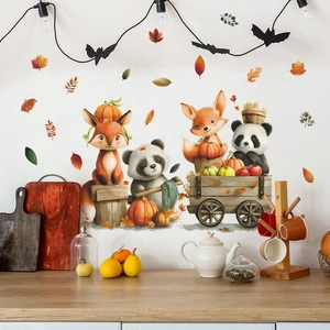 Autumn Cartoon Fox Panda Pumpkin Wall Stickers PVC Removable Self Adhesive Decals For Kids Room Bedroom Home Decor