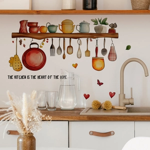 Kitchen wall decal with utensils shelf and The Kitchen is the Heart of the Home quote