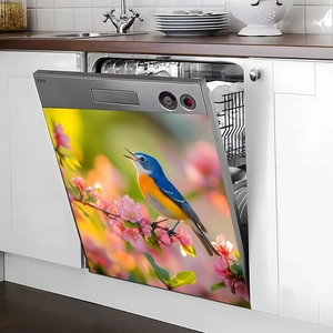 Magnetic dishwasher panel sticker with colorful bird and pink floral branch design