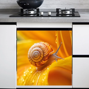 Self-adhesive dishwasher sticker featuring snails and yellow flowers with water drops