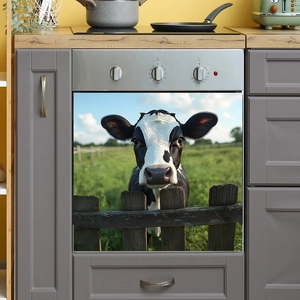 Dairy cow grazing scene kitchen cabinet sticker on dishwasher panel with wooden fence