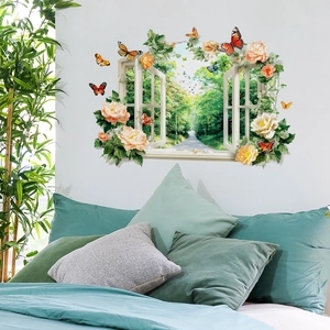 3D Fake Window Wall Sticker Forest Landscape Flower Butterfly PVC Self Adhesive Removable Decal For Bedroom Living Room Home Decor