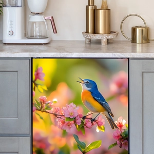 Self-adhesive floral wall sticker with blue bird and pink flowers for kitchen appliances