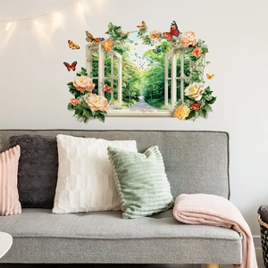 3D window wall sticker with lush forest path, blooming peonies and flying butterflies