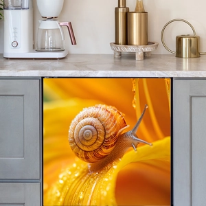 Macro photography snail on orange flower magnet cover for kitchen dishwasher decor