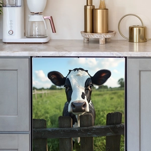 Self-adhesive cow and pasture fence landscape decal for kitchen cabinets and appliances