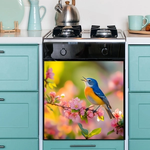 Adhesive dishwasher cover skin featuring bird and pink flowers on branch for home decor