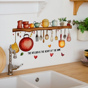 Cartoon kitchen wall sticker with shelf illustration and heart of the home text