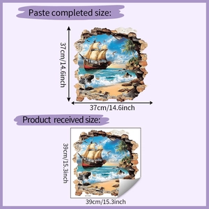 Detail view showing the 3D broken wall decal dimensions for sailboat beach ocean wall art