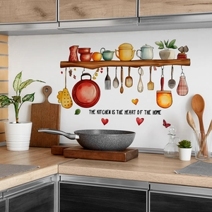 Cartoon kitchen wall stickers with watercolor cookware and Heart of the Home slogan
