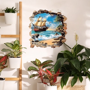 3D beach sailboat wall sticker with broken wall effect for home wall decoration