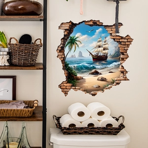 3D broken wall beach sailboat wall sticker with tropical palms and blue ocean view