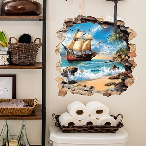 3D broken wall decal with sailing ship and tropical beach for home wall decoration