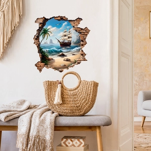Detailed 3D broken wall effect wall sticker showing sailboat and tropical beach scenery