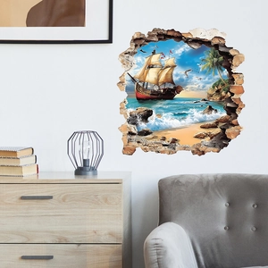 3D Broken Wall Nautical Sailing Boat Seascape Wall Sticker Removable PVC Self-Adhesive Tropical Beach Palm Tree Wall Decal Home Decor
