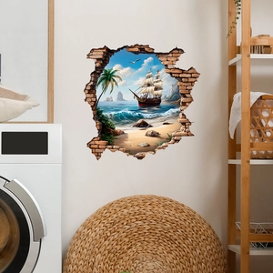Detail of 3D broken wall sticker with tropical beach sailboat and palm tree scenery