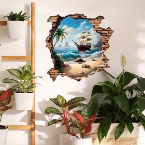 3D broken wall sticker featuring tropical beach, palm trees, and sailing boat on white wall