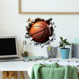 3D basketball wall sticker with cracked wall effect for modern home decor and sports room